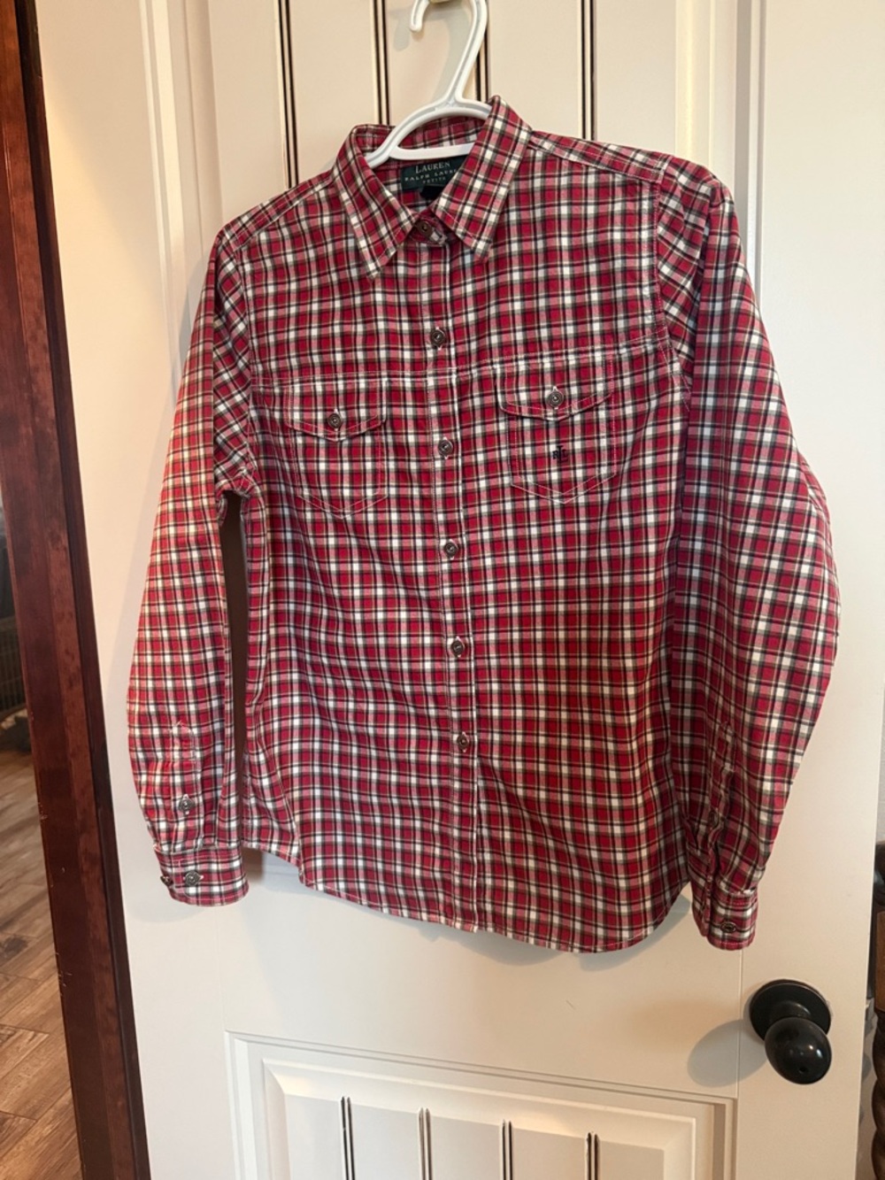 Ralph Lauren Berry Colored, White and Black Ladies Shirt.  Excellent Condition.